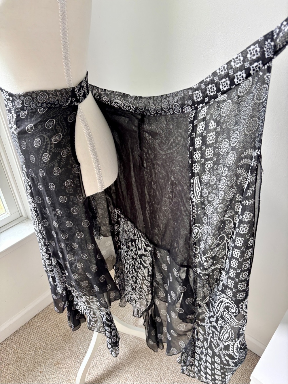 Black and White Paisley Two Layer Bohemian Maxi Wrap Skirt - Picture 8 of 10